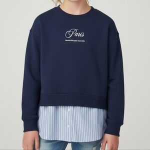 Navy Blue Kids Sweatshirt with Striped Hem